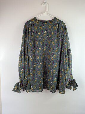 La Redoute Floral Blouse Semi-Sheer Arm Mock Neck Plus Size 32W